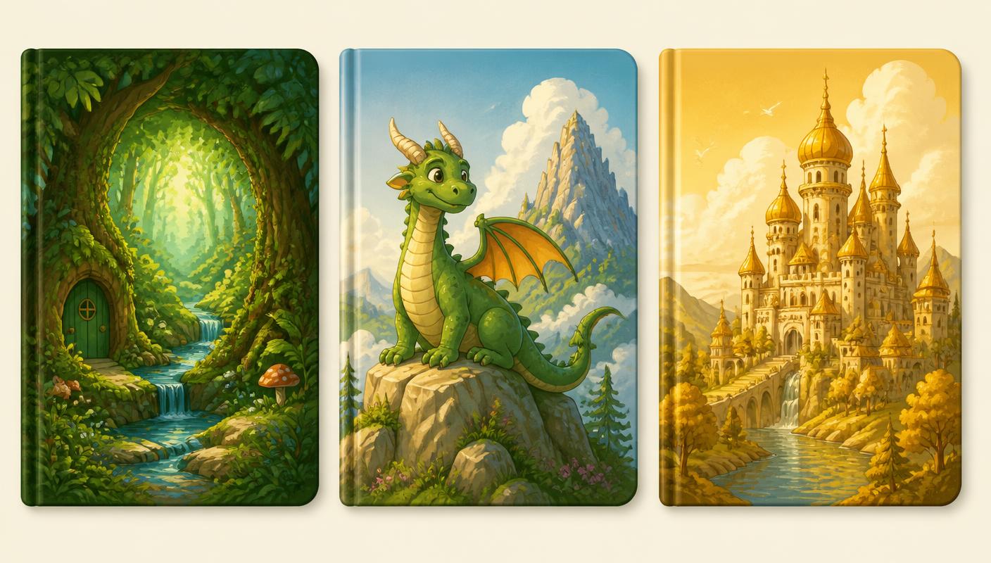 Three storybook covers: a secret forest, a dragon's mountain and a lost kingdom