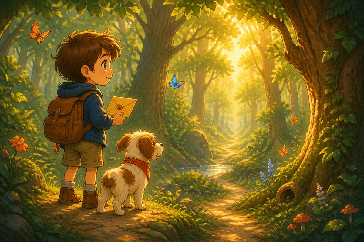 Storybook page illustration of a child holding a golden envelope at the edge of a sunlit forest